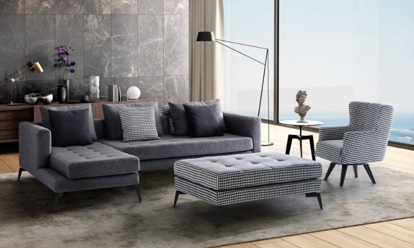 apartment size modern corner sofa with pouf and chair small spaces