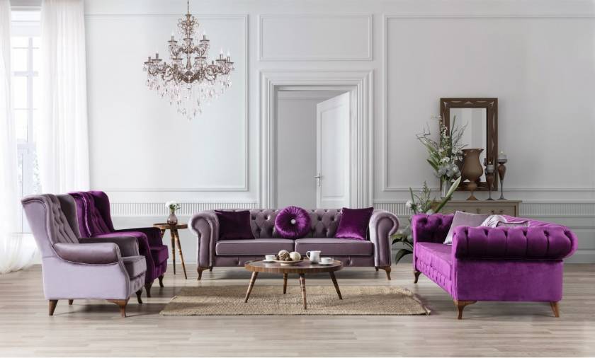 Chesterfield Sofa Set Purple and Gray Velvet with armchairs