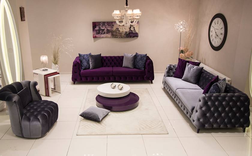 Luxury purple velvet chesterfield sofa set new style purple sofa design for living room