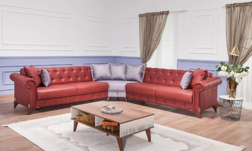 Red leather chesterfield sofa L Shaped Luxury Living Room
