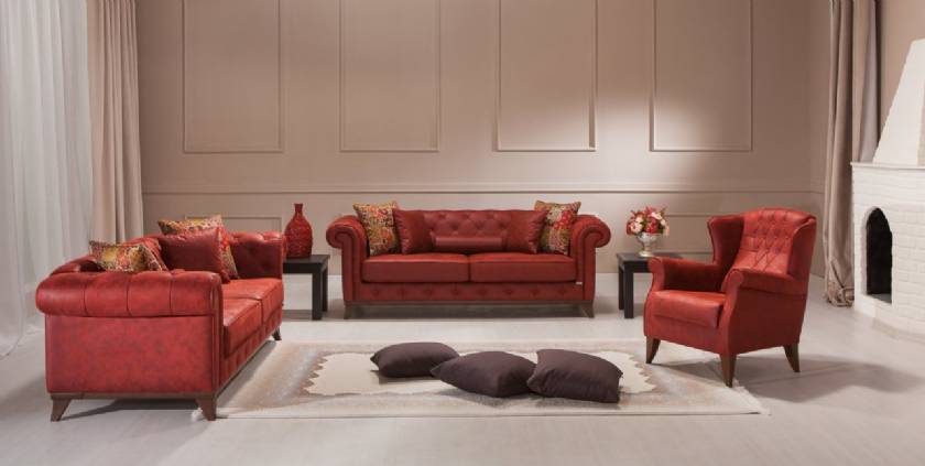 Red leather chesterfield sofa set for living room