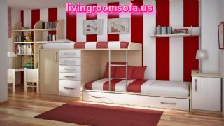 Alluring Tripped Red White Kids Bedroom Wall Design Mixed Vogue Bunk Beds With Storage