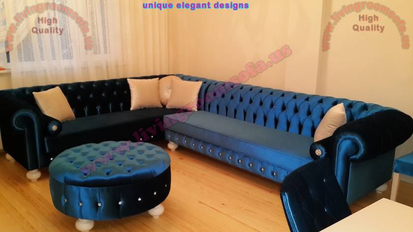 Blue velvet chesterfield corner sofa with rounded ottoman