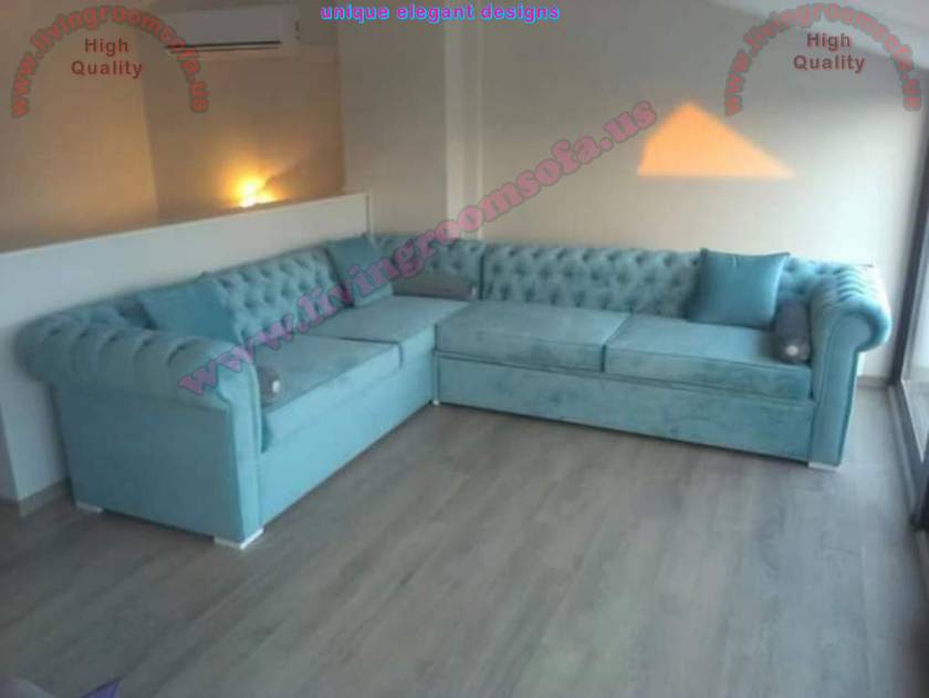 Light blue chesterfield corner sofa