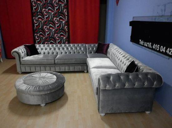 Bright Grey Velvet Chesterfield corner Sofa L Shaped Exclusive Sofas